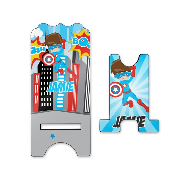Superhero in the City Stylized Phone Stand - Front & Back - Small