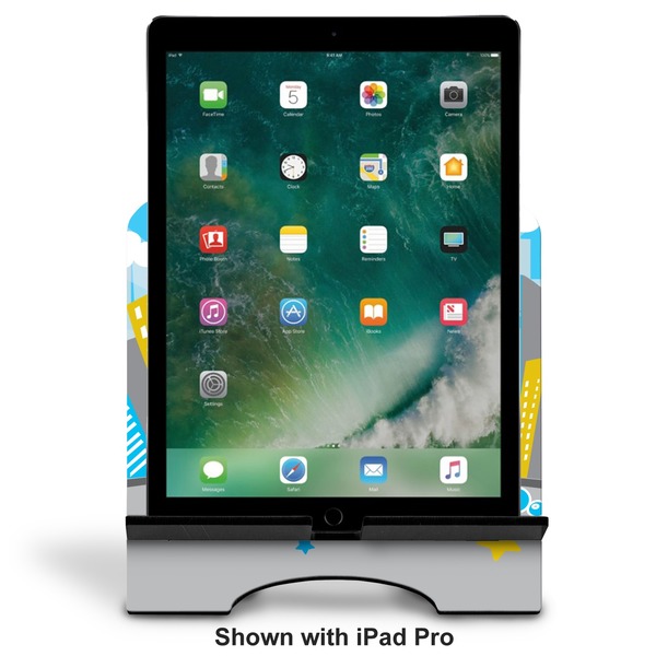 Superhero in the City Stylized Tablet Stand - Front with ipad