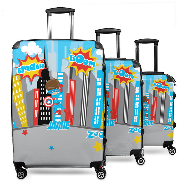 Custom Superhero in the City 3 Piece Luggage Set - 20" Carry On, 24" Medium Checked, 28" Large Checked (Personalized)