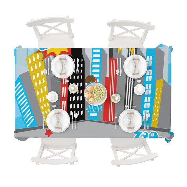 Superhero in the City Tablecloths (58"x102") - TOP VIEW (with plates)