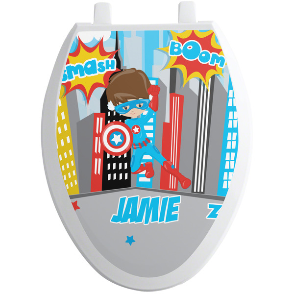 Custom Superhero in the City Toilet Seat Decal - Elongated (Personalized)