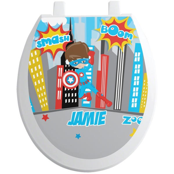 Custom Superhero in the City Toilet Seat Decal - Round (Personalized)