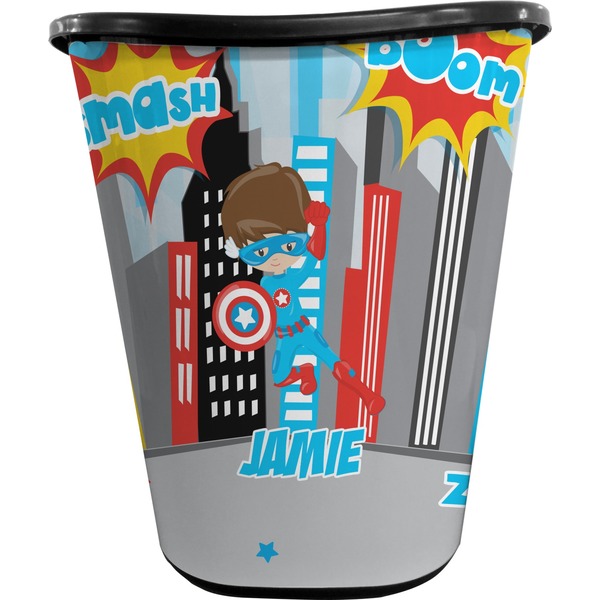 Custom Superhero in the City Waste Basket - Double Sided (Black) (Personalized)