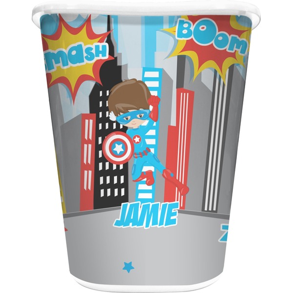 Custom Superhero in the City Waste Basket - Double Sided (White) (Personalized)