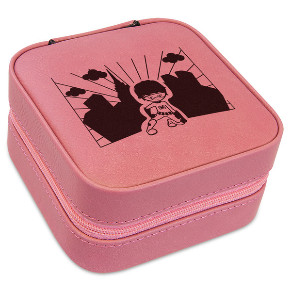 Custom Superhero in the City Travel Jewelry Boxes - Pink Leather