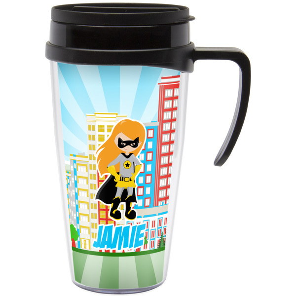 Custom Superhero in the City Acrylic Travel Mug with Handle (Personalized)