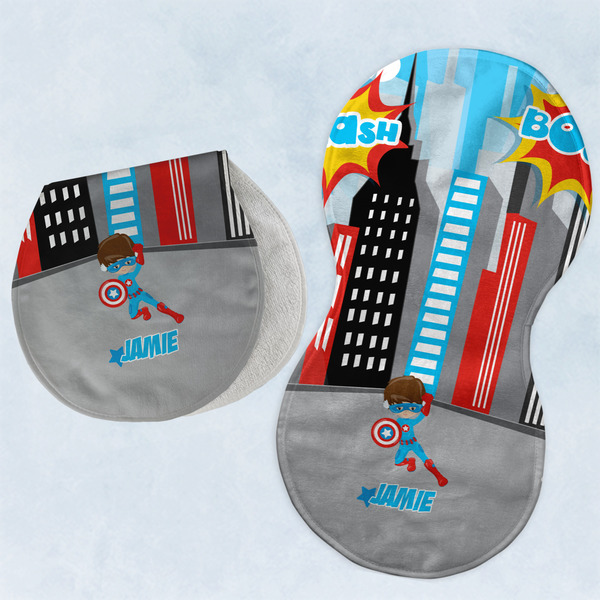 Custom Superhero in the City Burp Pads - Velour - Set of 2 w/ Name or Text
