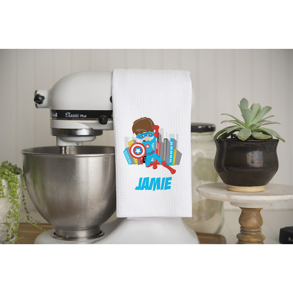 Superhero in the City Waffle Weave Towel - Lifestyle - Partial Print