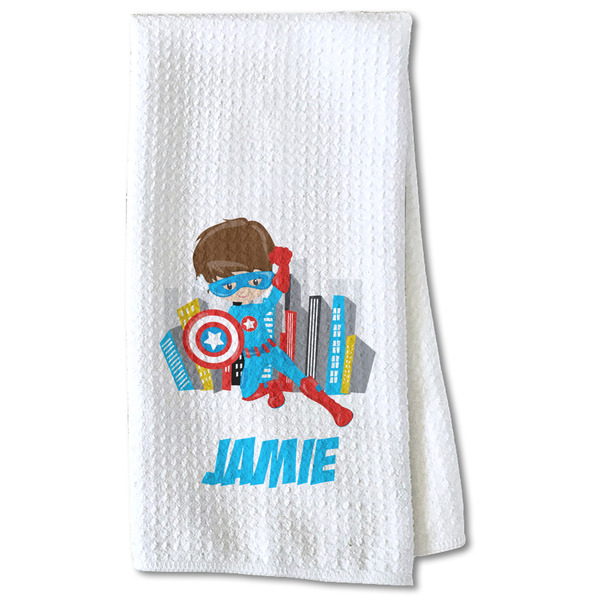 Custom Superhero in the City Kitchen Towel - Waffle Weave - Partial Print (Personalized)