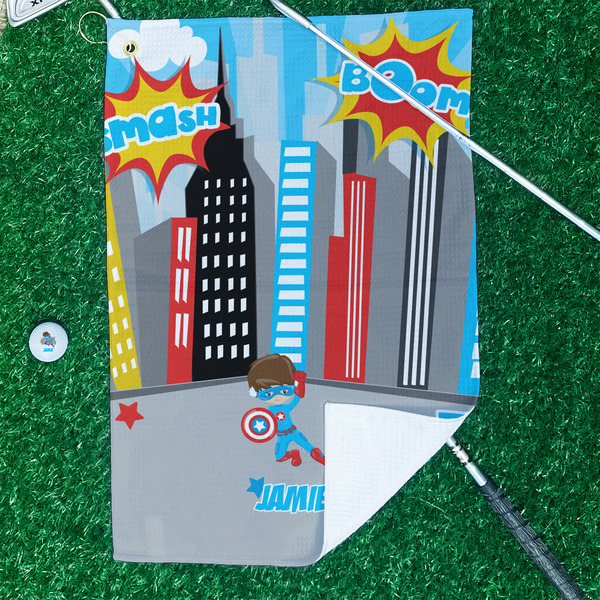 Superhero in the City Waffle Weave Golf Towel - In Context