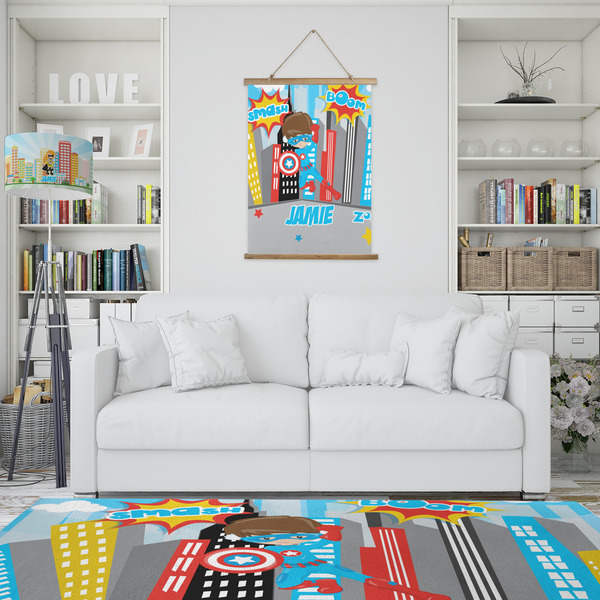 Superhero in the City Wall Hanging Tapestry - Portrait - IN CONTEXT
