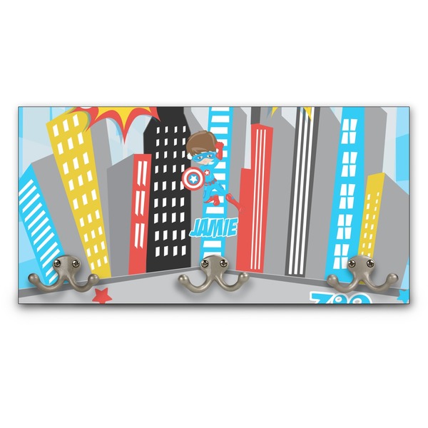 Custom Superhero in the City Wall Mounted Coat Rack (Personalized)