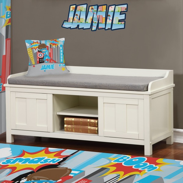Superhero in the City Wall Name Decal Above Storage bench