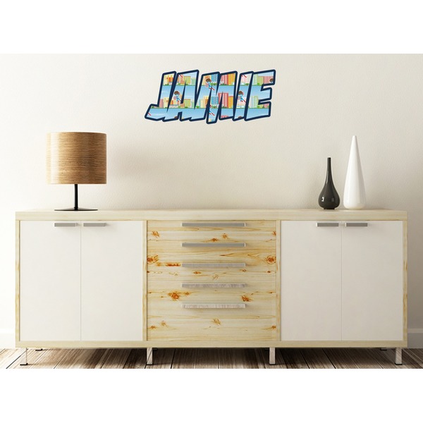 Superhero in the City Wall Name Decal On Wooden Desk