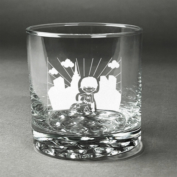 Custom Superhero in the City Whiskey Glass - Engraved