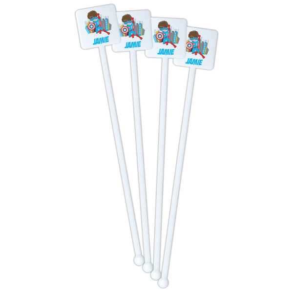 Superhero in the City White Plastic Stir Stick - Single Sided - Square - Front