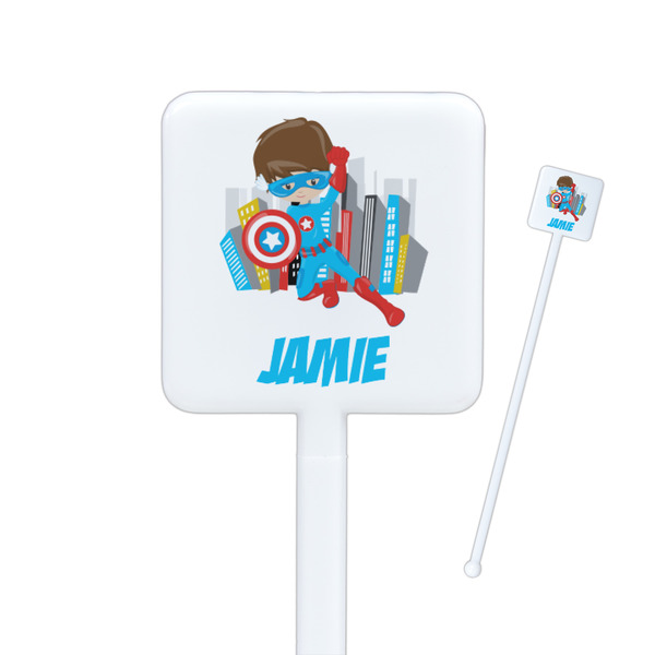 Custom Superhero in the City Square Plastic Stir Sticks - Double Sided (Personalized)