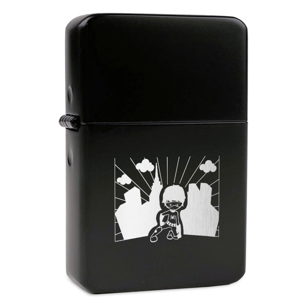 Custom Superhero in the City Windproof Lighter - Black - Double Sided & Lid Engraved