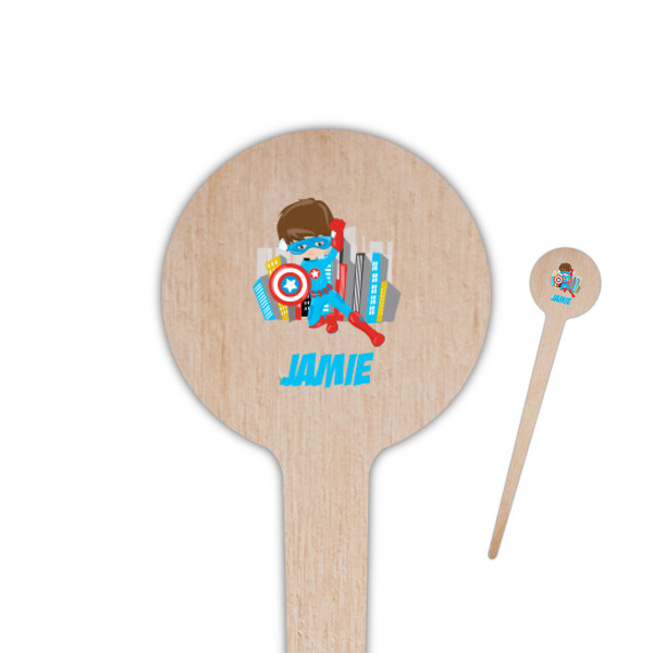 Custom Superhero in the City 4" Round Wooden Food Picks - Single Sided (Personalized)