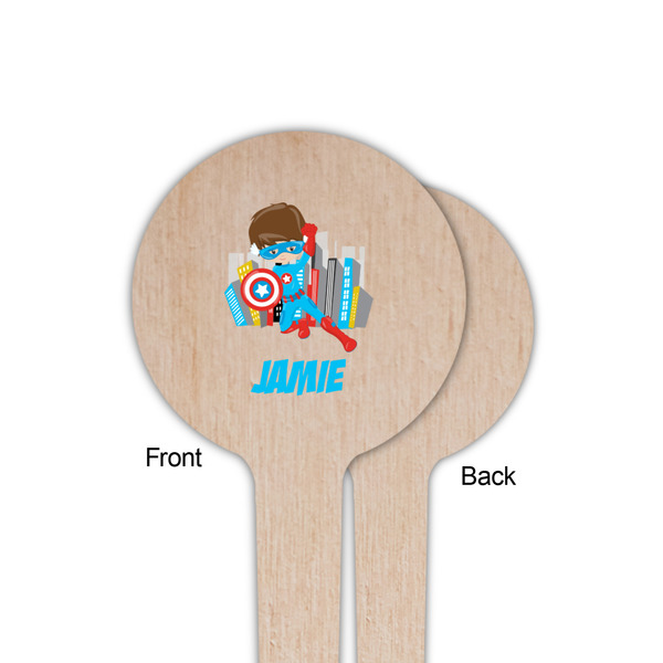 Superhero in the City Wooden 4" Food Pick - Round - Single Sided - Front & Back