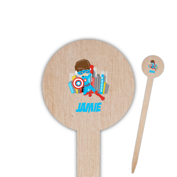 Custom Superhero in the City Round Wooden Food Picks (Personalized)