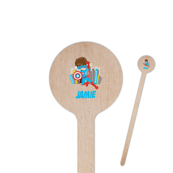 Custom Superhero in the City 6" Round Wooden Stir Sticks - Single Sided (Personalized)