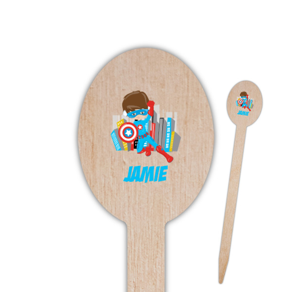 Custom Superhero in the City Oval Wooden Food Picks - Double Sided (Personalized)