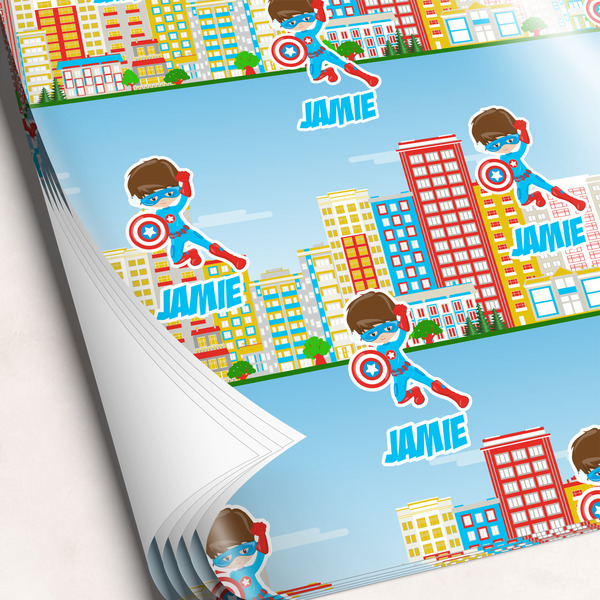 Custom Superhero in the City Wrapping Paper Sheets (Personalized)