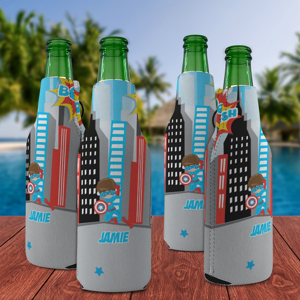 Superhero in the City Zipper Bottle Cooler - Set of 4 - LIFESTYLE