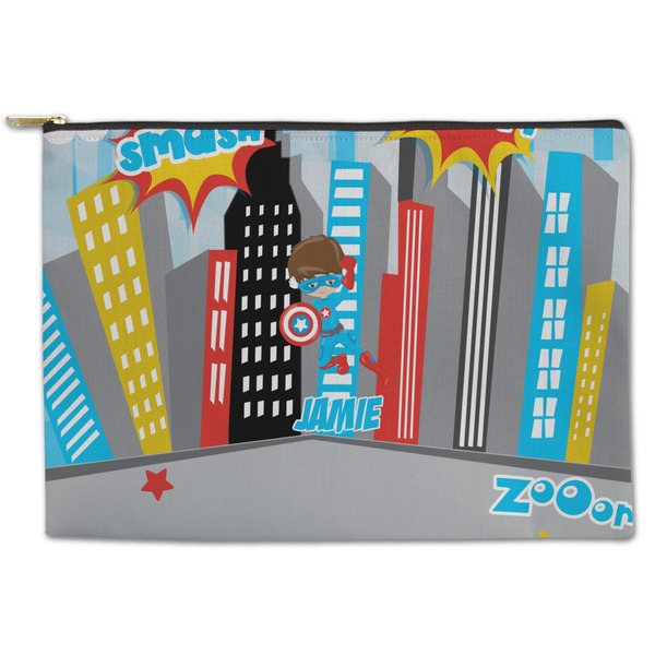 Custom Superhero in the City Zipper Pouch - Large - 12.5"x8.5" (Personalized)