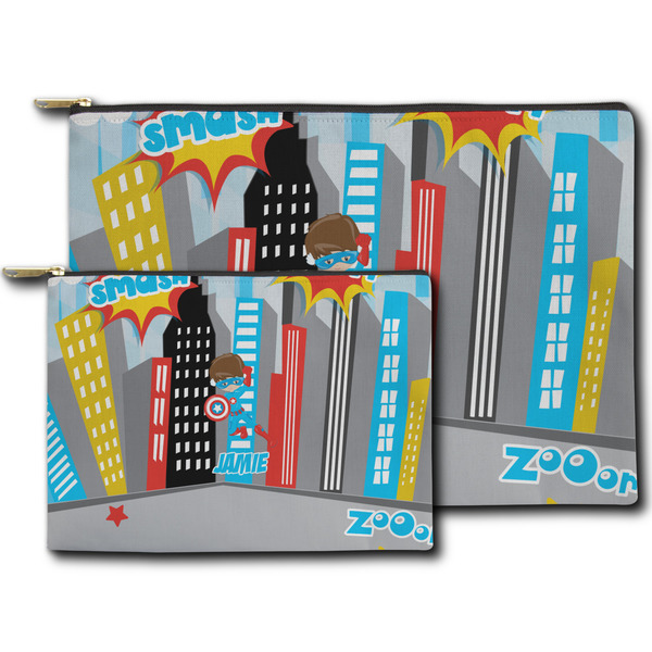 Superhero in the City Zippered Pouches - Size Comparison