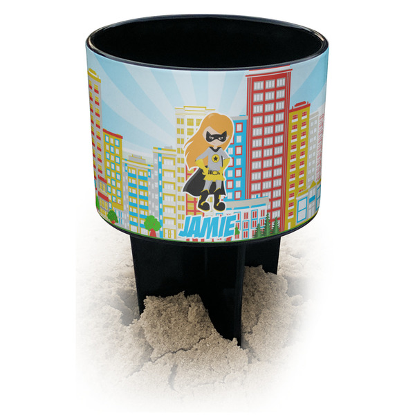 Custom Superhero in the City Black Beach Spiker Drink Holder (Personalized)