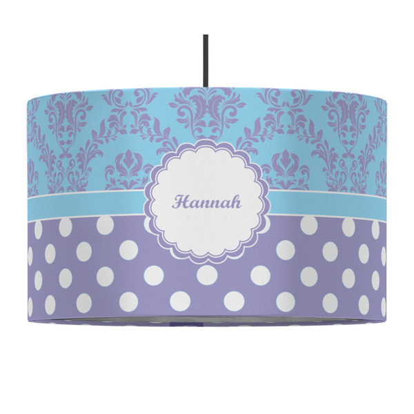 Custom Purple Damask & Dots 12" Drum Pendant Lamp - Fabric (Personalized)