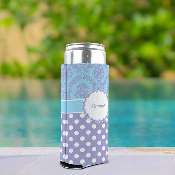 Purple Damask & Dots Can Cooler - Tall 12oz - In Context