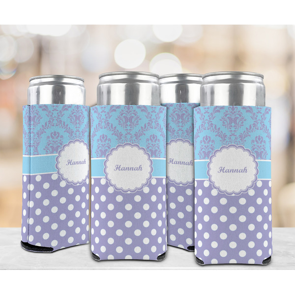 Purple Damask & Dots 12oz Tall Can Sleeve - Set of 4 - LIFESTYLE
