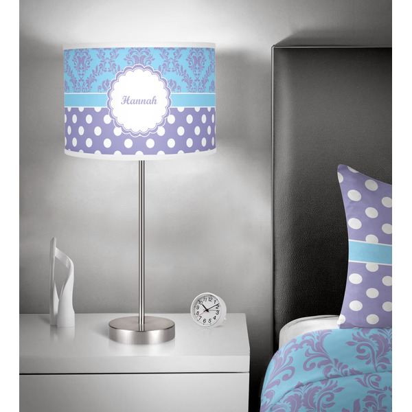Purple Damask & Dots 13 inch drum lamp shade - in room