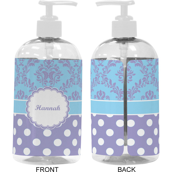 Purple Damask & Dots 16 oz Plastic Liquid Dispenser- Approval- White