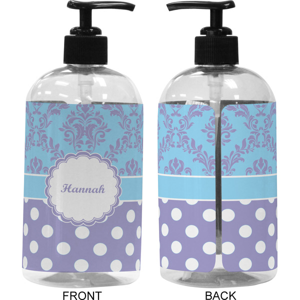 Purple Damask & Dots 16 oz Plastic Liquid Dispenser (Approval)