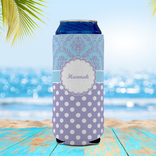 Purple Damask & Dots 16oz Can Sleeve - LIFESTYLE