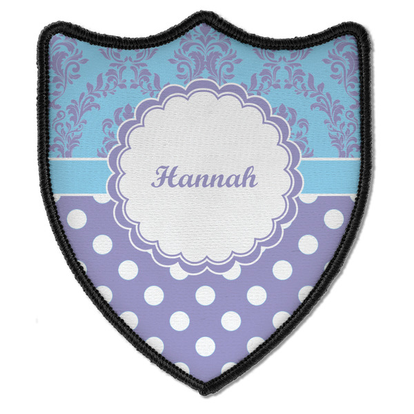 Custom Purple Damask & Dots Iron On Shield Patch B w/ Name or Text