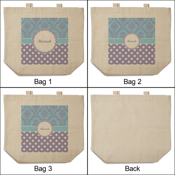 Purple Damask & Dots 3 Reusable Cotton Grocery Bags - Front & Back View