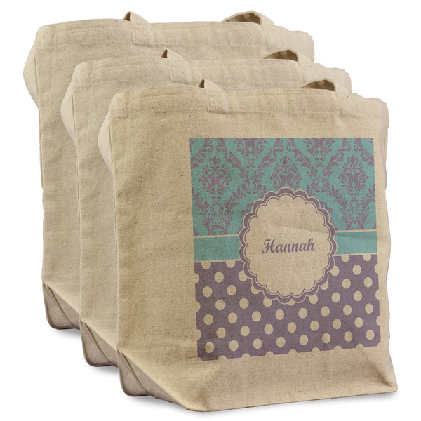 Custom Purple Damask & Dots Reusable Cotton Grocery Bags - Set of 3 (Personalized)