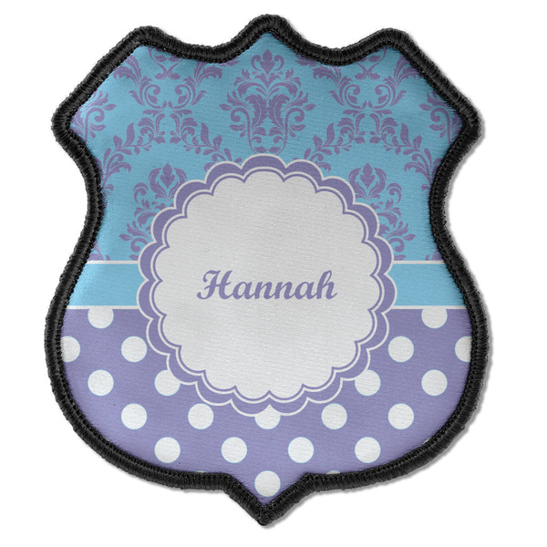 Custom Purple Damask & Dots Iron On Shield Patch C w/ Name or Text