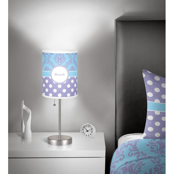 Purple Damask & Dots 7 inch drum lamp shade - in room