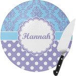 Purple Damask & Dots Round Glass Cutting Board - Small (Personalized)