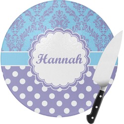 Purple Damask & Dots Round Glass Cutting Board - Small (Personalized)