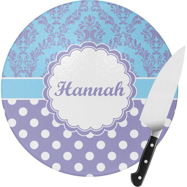 Custom Purple Damask & Dots Round Glass Cutting Board - Small (Personalized)