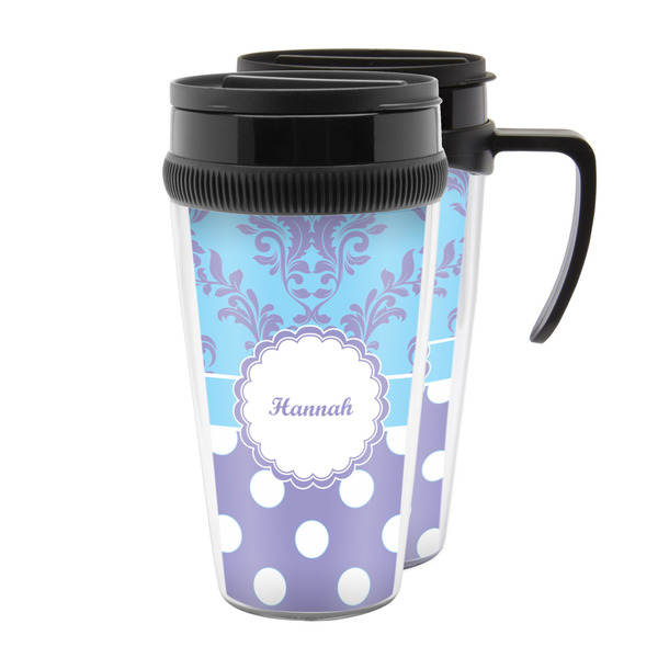 Custom Purple Damask & Dots Acrylic Travel Mug (Personalized)