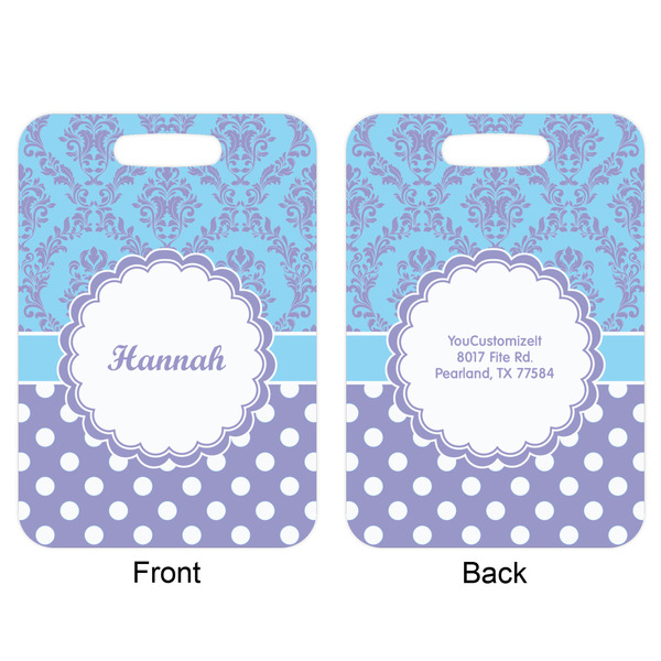 Purple Damask & Dots Aluminum Luggage Tag (Front + Back)