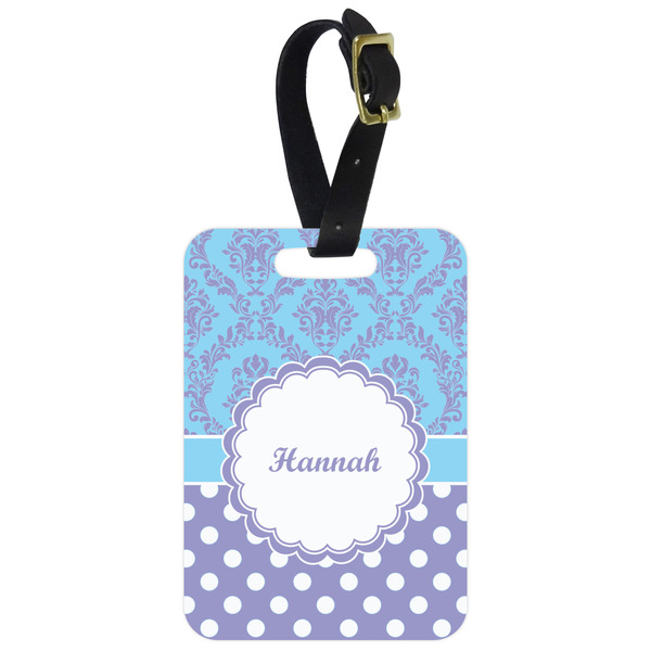 Custom Purple Damask & Dots Metal Luggage Tag w/ Name or Text